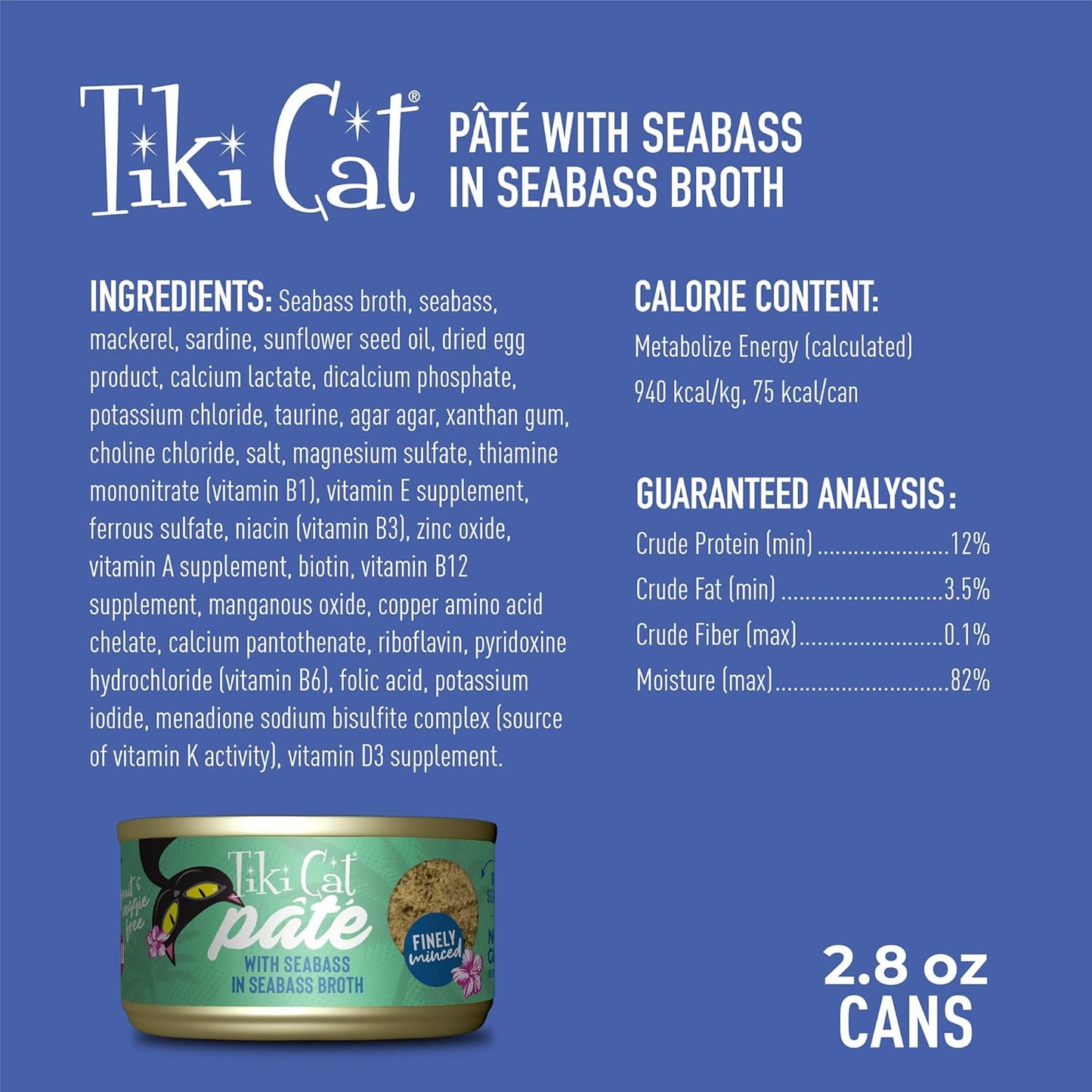 Tiki Cat Luau Pâté, Seabass Recipe in Seabass Consumme, Grain-Free Balanced Nutrition Wet Canned Cat Food, for All Life Stages, 2.8 Oz. Cans (Pack of 12)