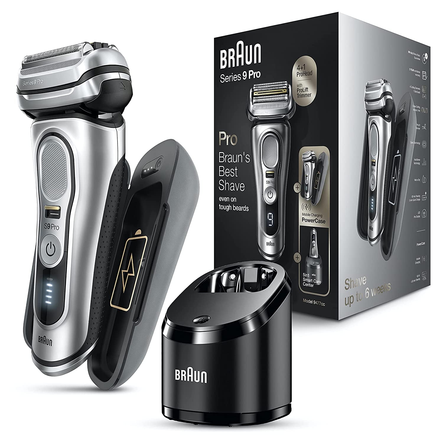 Electric Razor for Men, Waterproof Foil Shaver, Series 9 Pro 9477Cc, Wet & Dry Shave, with Portable Charging Case, Prolift Beard Trimmer, 5-In-1 Cleaning & Charging Smartcare Center, Silver