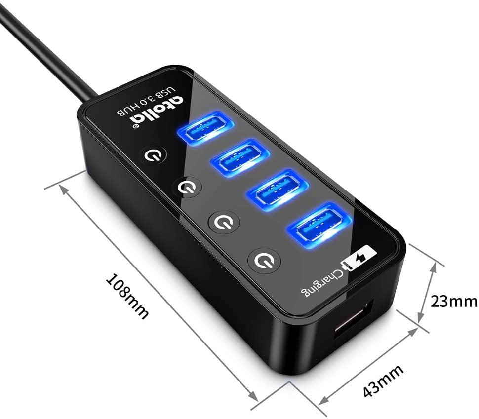 Atolla 4-Port USB 3.0 Hub with 4 USB 3.0 Data Ports and 1 USB Smart Charging Port, USB Splitter with Individual On/Off Switches and 5V/3A Power Adapter