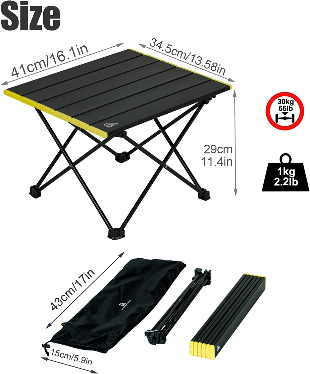 Ultralight Compact Camping Alu. Folding Table with Carry Bag, Two Size (Black - S)