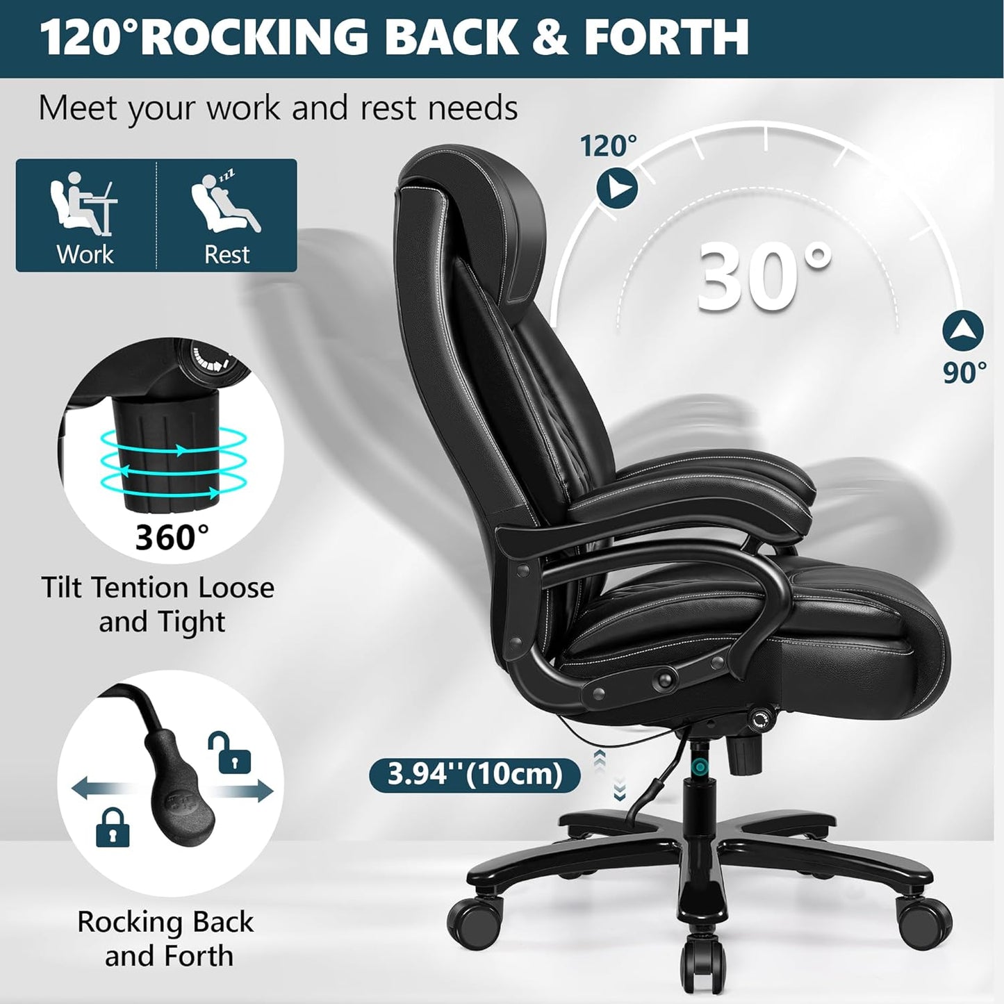 Big and Tall 500Lbs Office Chair,Heavy Duty Large PU Leather Executive Desk Chair with Wide Seat, Adjustbale Ergonomic Lumbar Support High Back Rocking Computer Chair for Heavy People (Black)