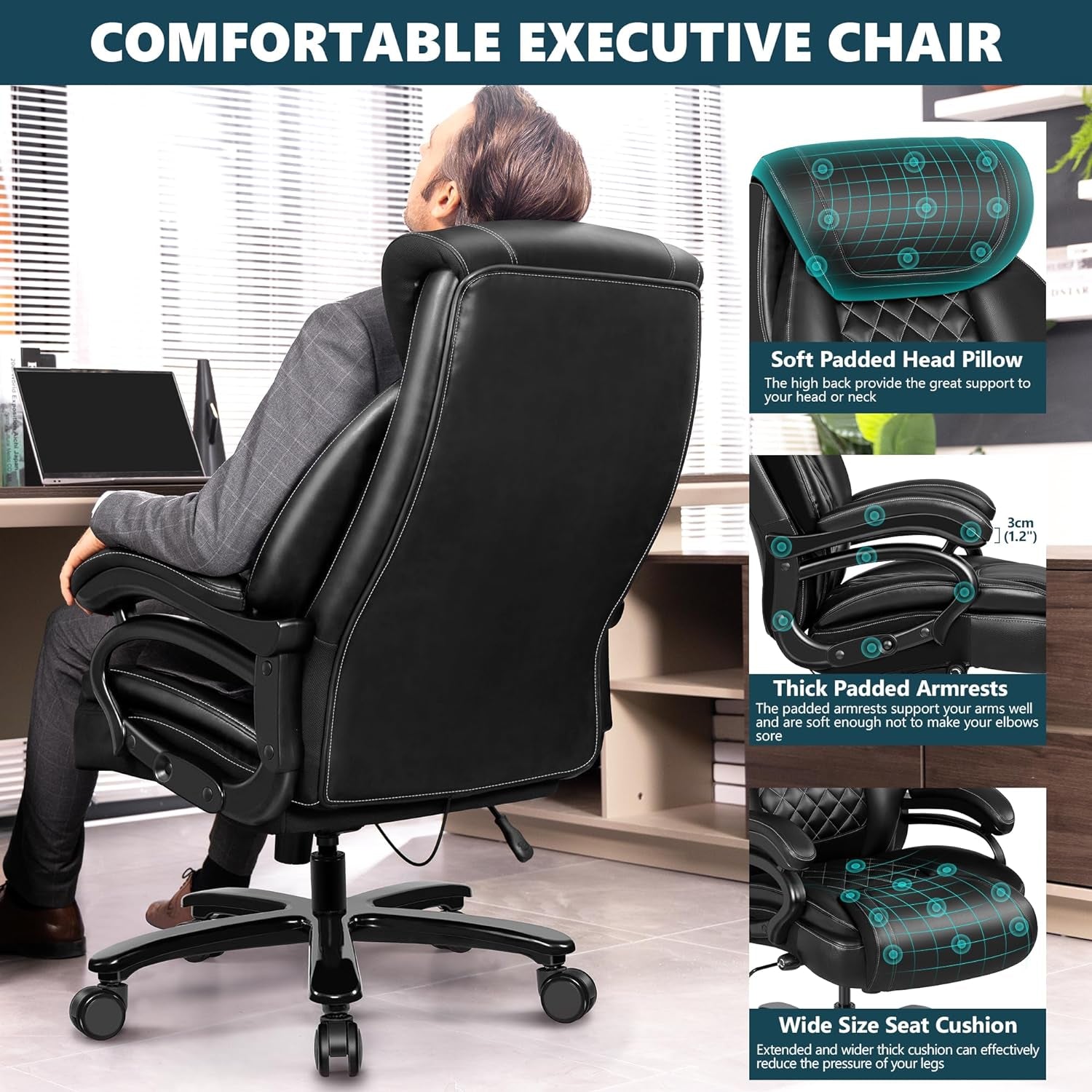 Big and Tall 500Lbs Office Chair,Heavy Duty Large PU Leather Executive Desk Chair with Wide Seat, Adjustbale Ergonomic Lumbar Support High Back Rocking Computer Chair for Heavy People (Black)