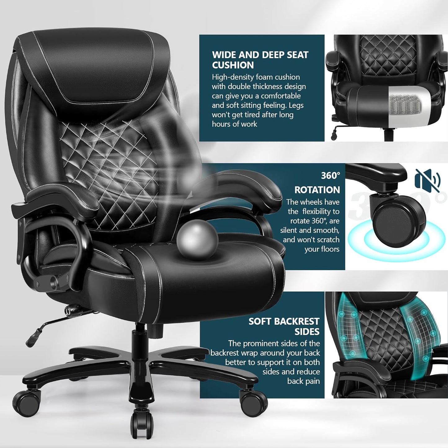 Big and Tall 500Lbs Office Chair,Heavy Duty Large PU Leather Executive Desk Chair with Wide Seat, Adjustbale Ergonomic Lumbar Support High Back Rocking Computer Chair for Heavy People (Black)