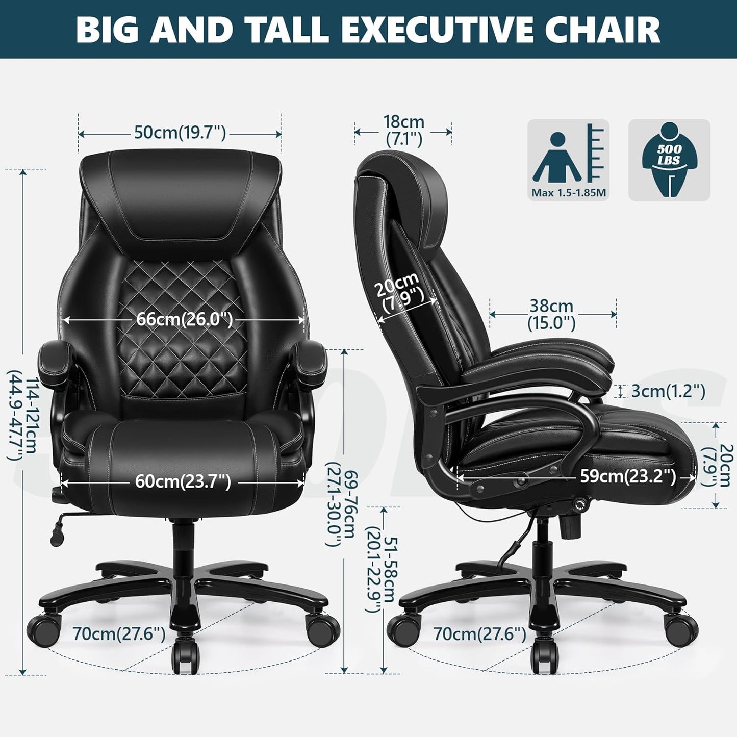 Big and Tall 500Lbs Office Chair,Heavy Duty Large PU Leather Executive Desk Chair with Wide Seat, Adjustbale Ergonomic Lumbar Support High Back Rocking Computer Chair for Heavy People (Black)