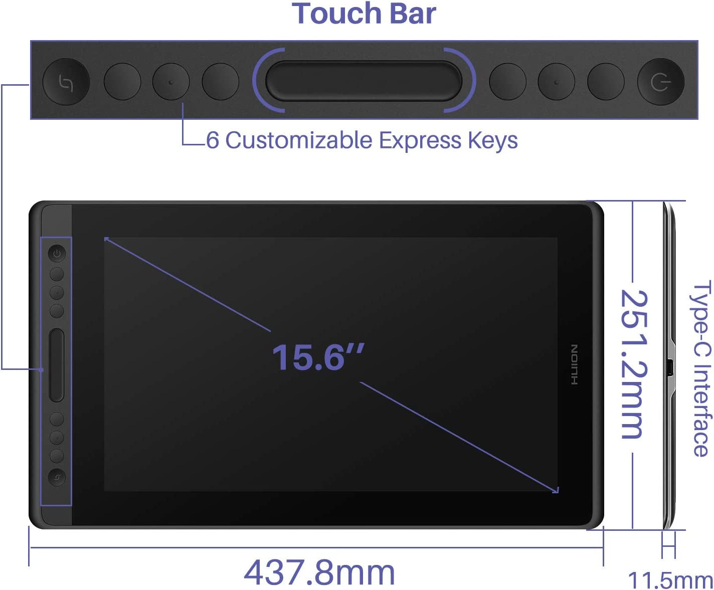 KAMVAS Pro 16 Graphics Drawing Tablet with Screen Full-Laminated Graphics Monitor with Battery-Free Stylus Tilt Pen 8192 Pressure 6 Hot Keys Touch Bar - 15.6Inch Graphic Tablet for Pc/Mac/Linux