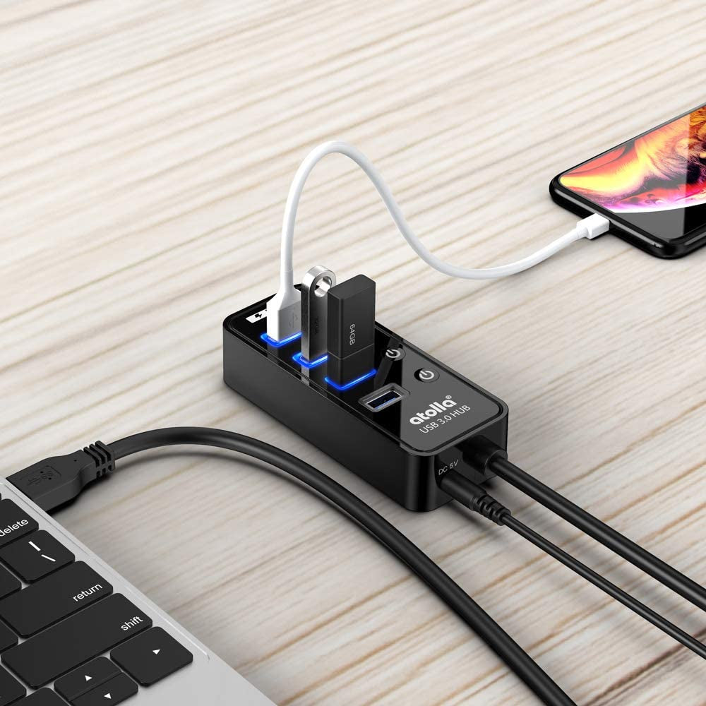 Atolla 4-Port USB 3.0 Hub with 4 USB 3.0 Data Ports and 1 USB Smart Charging Port, USB Splitter with Individual On/Off Switches and 5V/3A Power Adapter