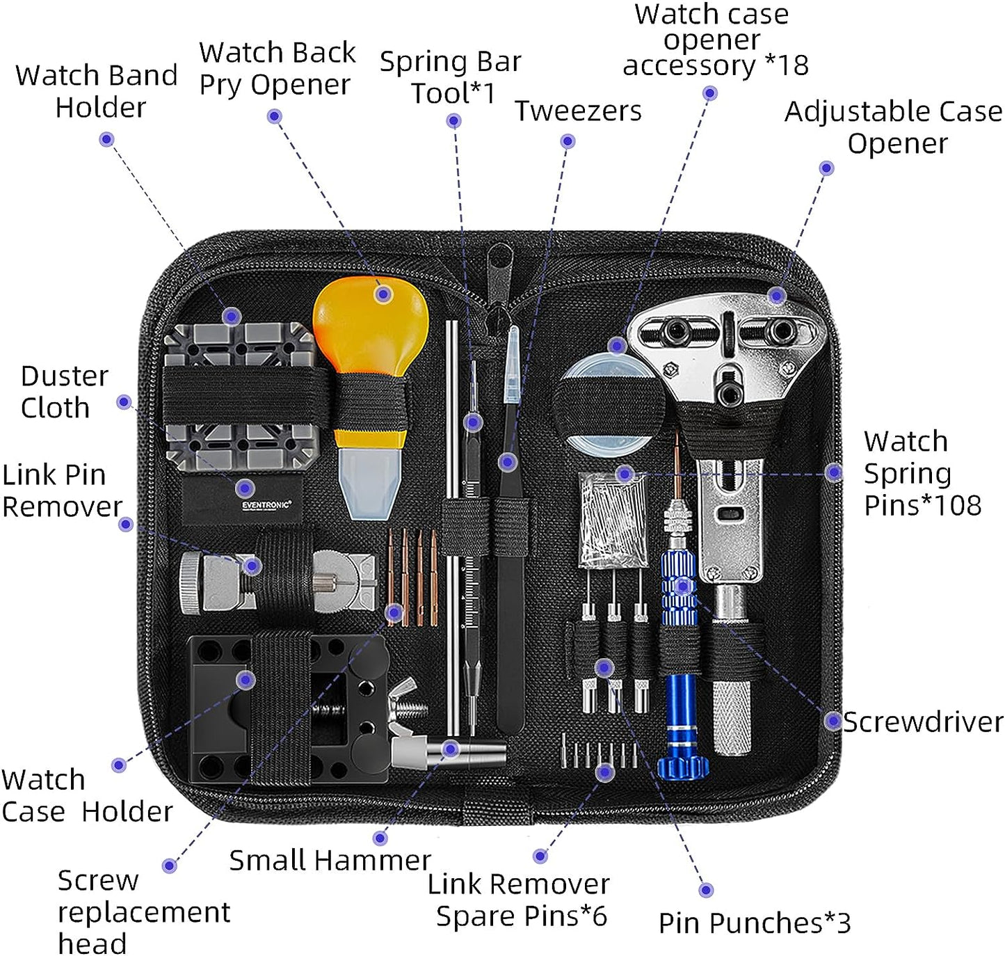 Watch Repair Kit, Professional Watch Battery Replacement Tool, Watch Link & Back Removal Tool, Spring Bar Tool Set with Carrying Case for Christmas Gifts for Men Women