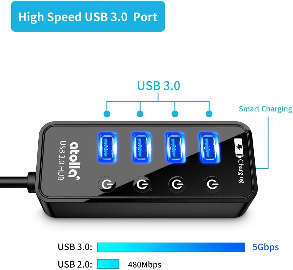 Atolla 4-Port USB 3.0 Hub with 4 USB 3.0 Data Ports and 1 USB Smart Charging Port, USB Splitter with Individual On/Off Switches and 5V/3A Power Adapter