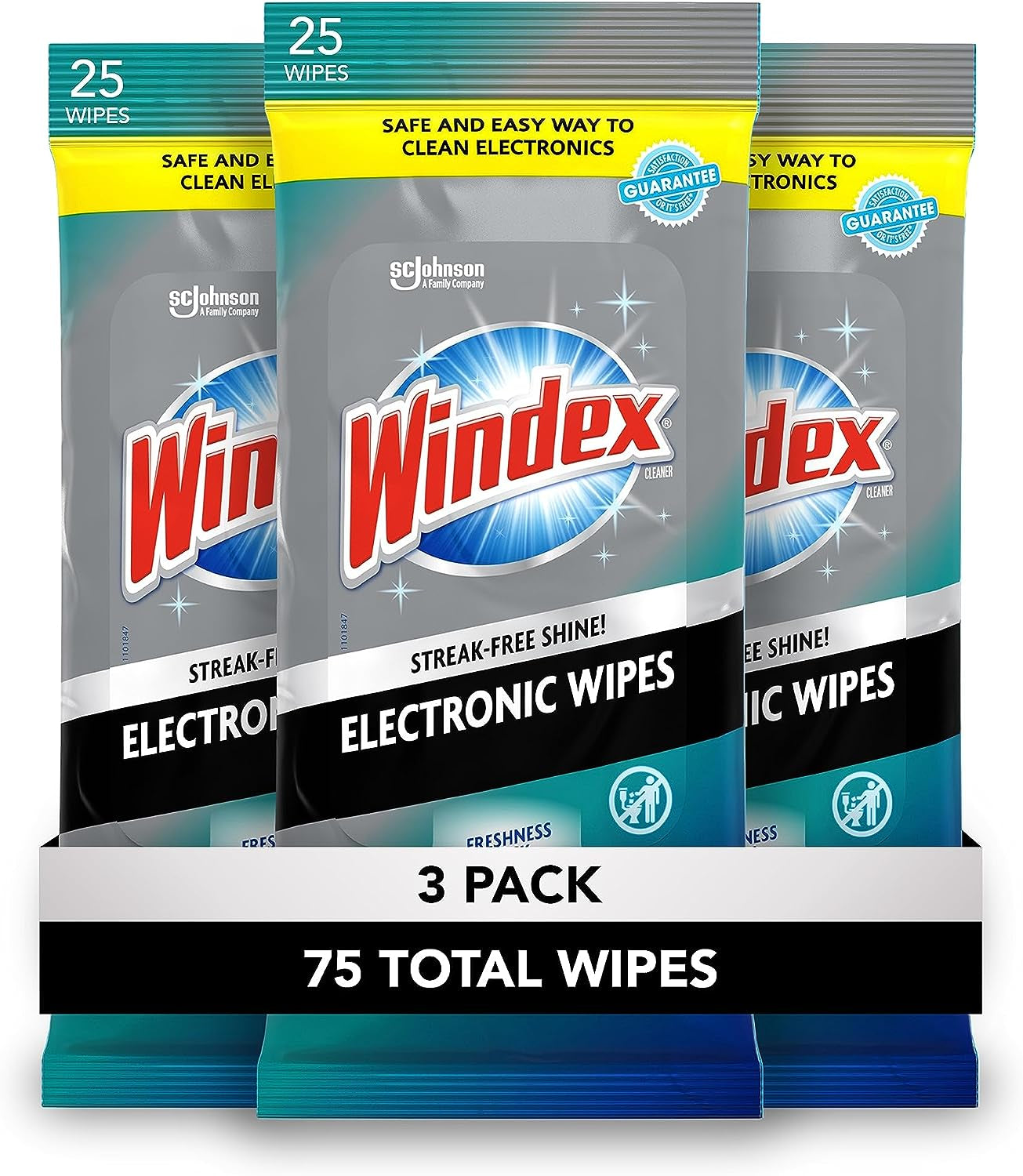 Windex Electronics Wipes, Pre-Moistened Screen Wipes Clean and Provide a Streak-Free Shine, 25 Count, Pack of 3