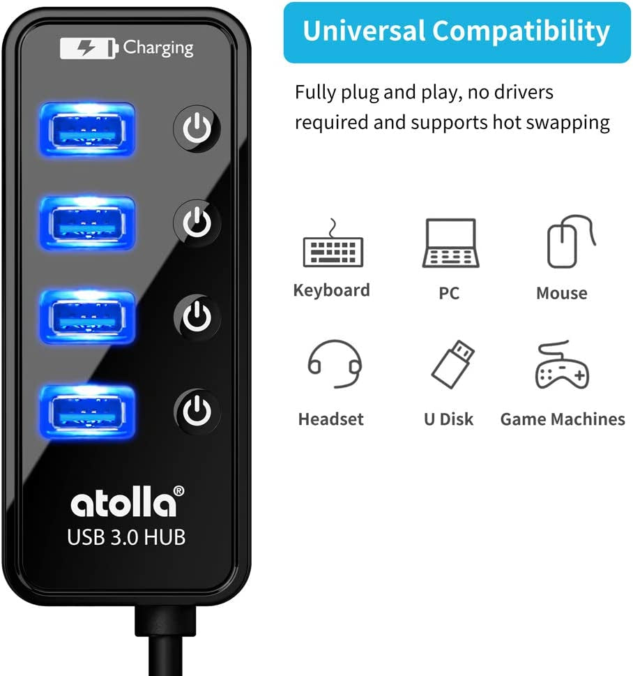 Atolla 4-Port USB 3.0 Hub with 4 USB 3.0 Data Ports and 1 USB Smart Charging Port, USB Splitter with Individual On/Off Switches and 5V/3A Power Adapter