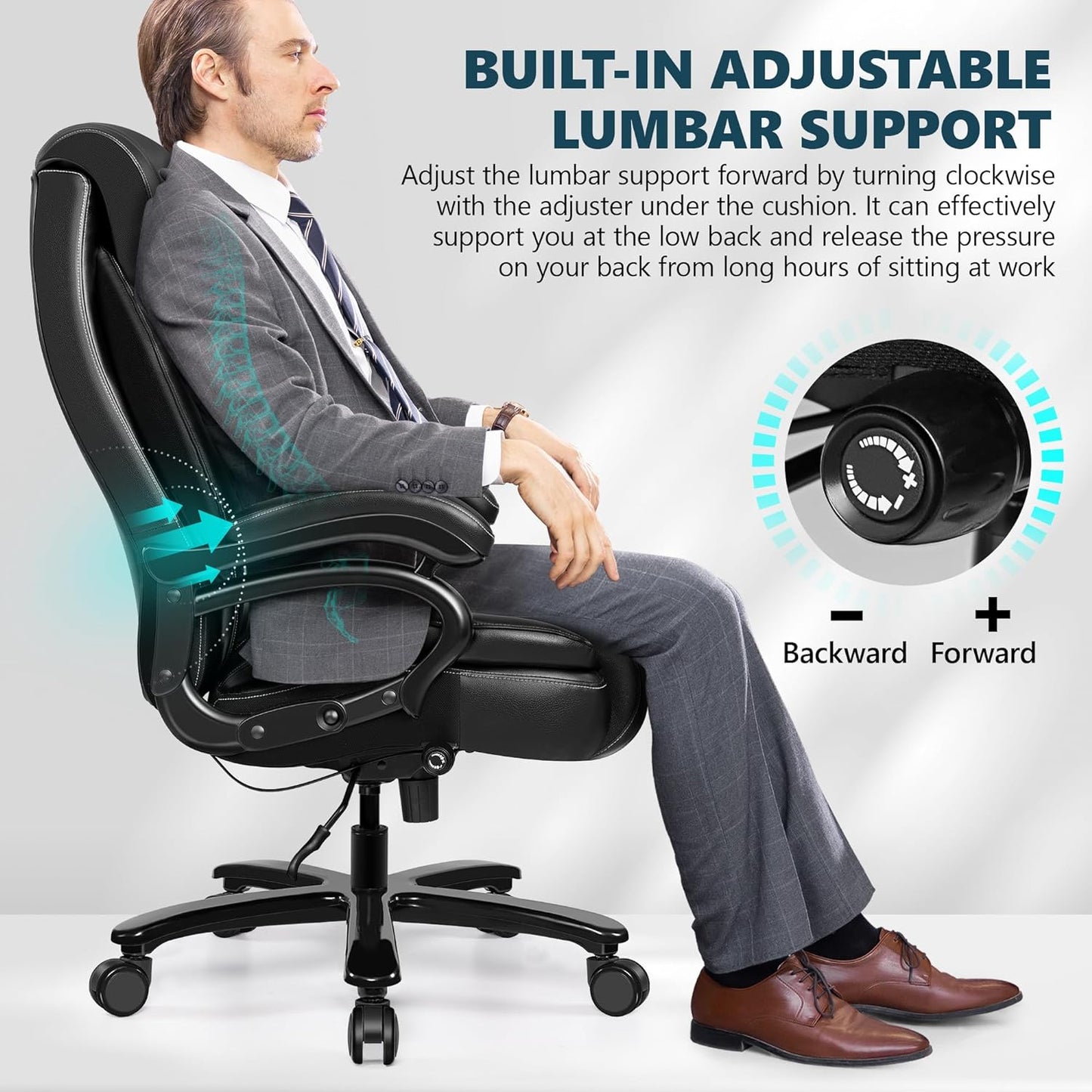 Big and Tall 500Lbs Office Chair,Heavy Duty Large PU Leather Executive Desk Chair with Wide Seat, Adjustbale Ergonomic Lumbar Support High Back Rocking Computer Chair for Heavy People (Black)