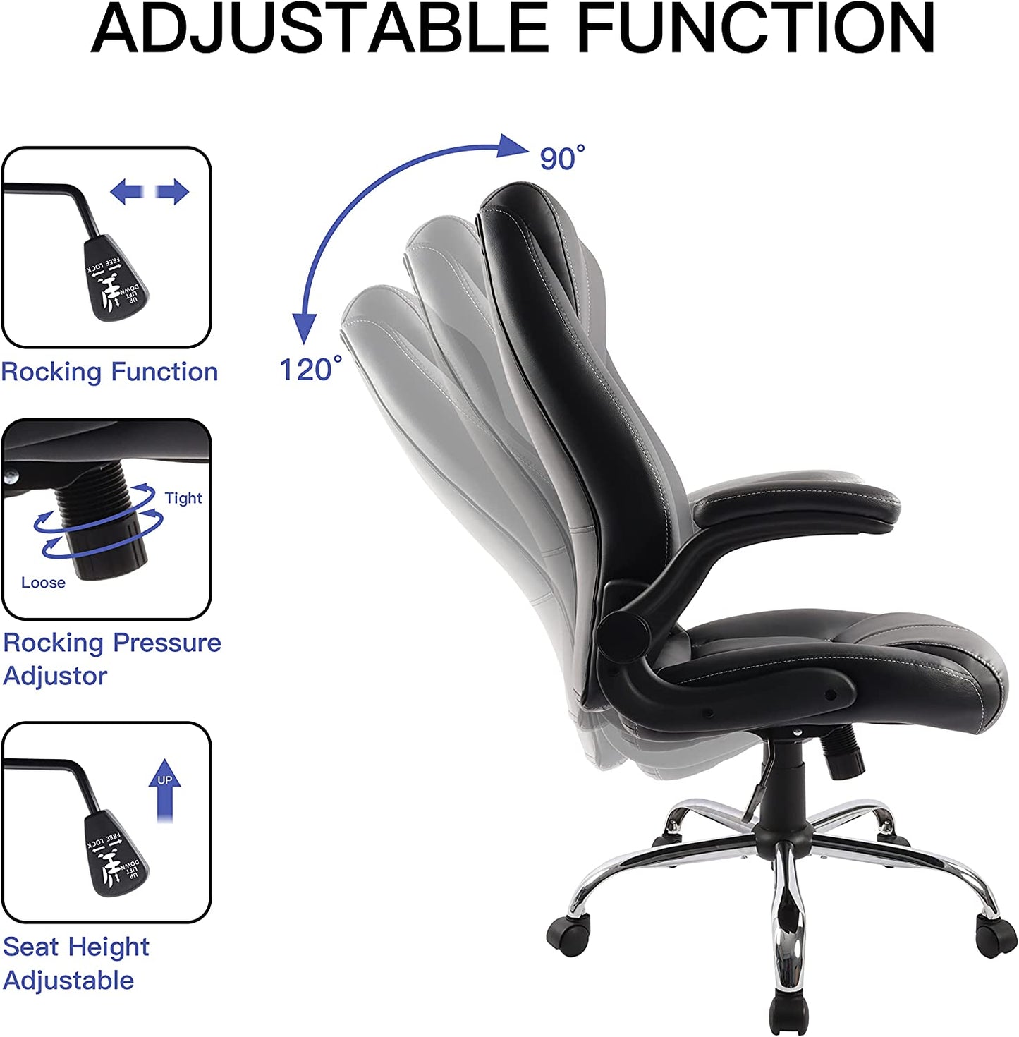 Big and Tall Office Chair for Heavy People 400Lb, Executive Desk Computer Chair Adjustable Flip-Up Armrests, PU Leather Swivel Task Chair with Ergonomic High Back and Lumbar Support