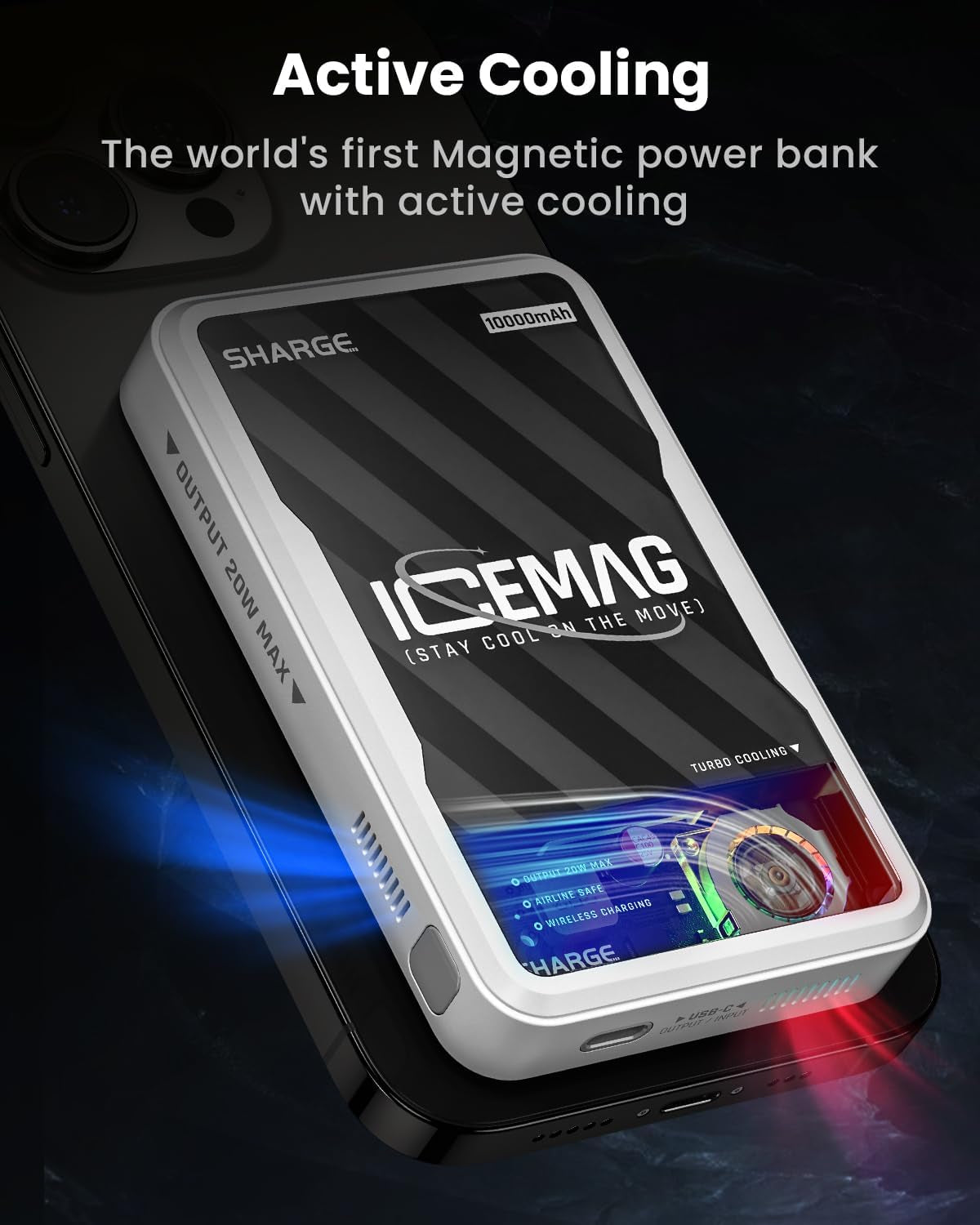 ICEMAG Magnetic Power Bank, World'S First 10000Mah Battery Pack with Active Cooling for Magsafe, Transparent Portable Charger with 20W USB-C Input/Output for Iphone14/13/12 Pro/Pro Max/Mini