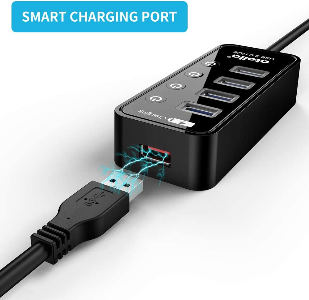 Atolla 4-Port USB 3.0 Hub with 4 USB 3.0 Data Ports and 1 USB Smart Charging Port, USB Splitter with Individual On/Off Switches and 5V/3A Power Adapter