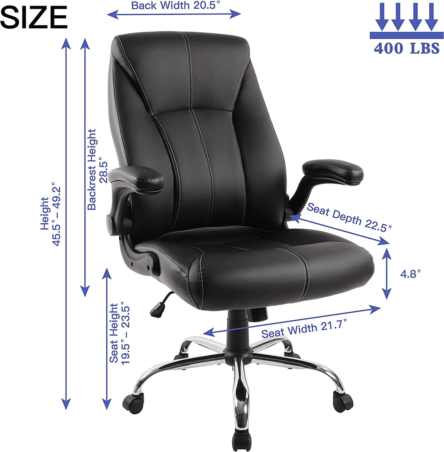 Big and Tall Office Chair for Heavy People 400Lb, Executive Desk Computer Chair Adjustable Flip-Up Armrests, PU Leather Swivel Task Chair with Ergonomic High Back and Lumbar Support